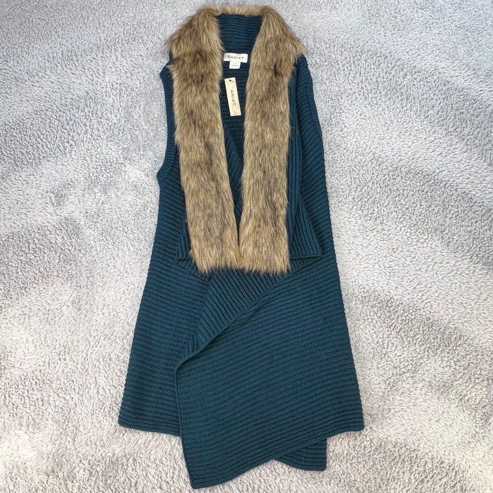 Ariat Sweater Vest Womens L NWT Ribbed Knit Faux Fur Waterfall Western Boho Blue